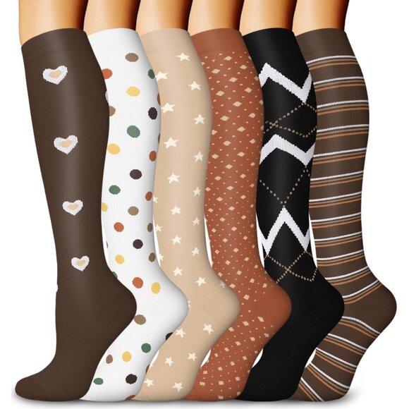 Women's Multi Color 6 Pairs Compression Socks 15-20mmhg Compression Stockings - Picture 1 of 6